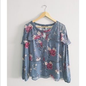 Dusty Blue & Rose Print Tunic Blouse